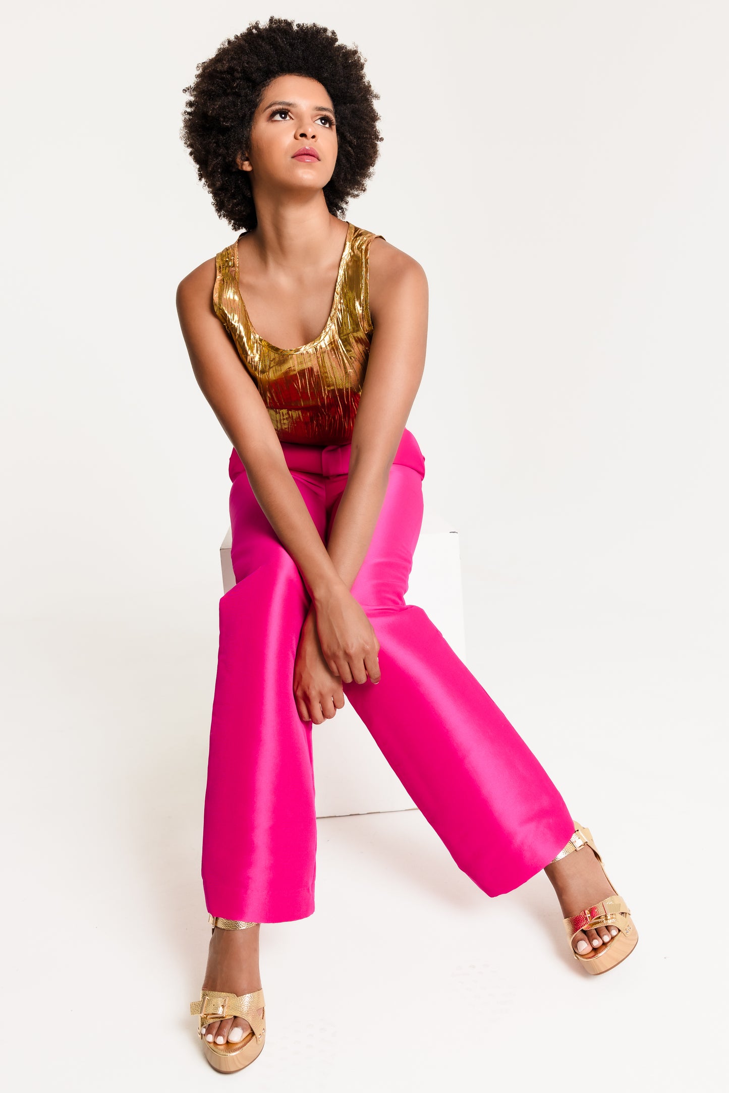 Wrinkle lame gold waist tank top