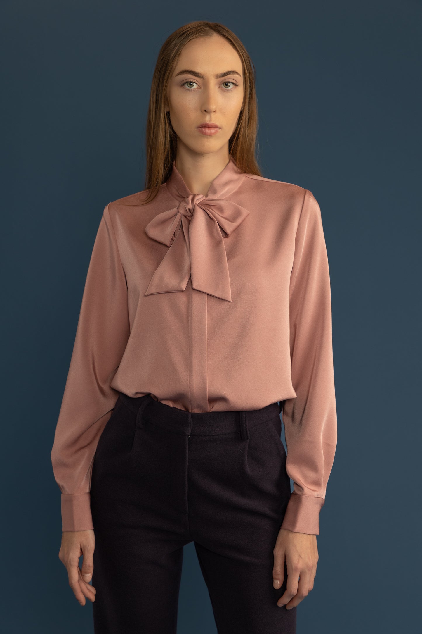 Silk Bow Tie Cuffed Long Sleeve Shirt