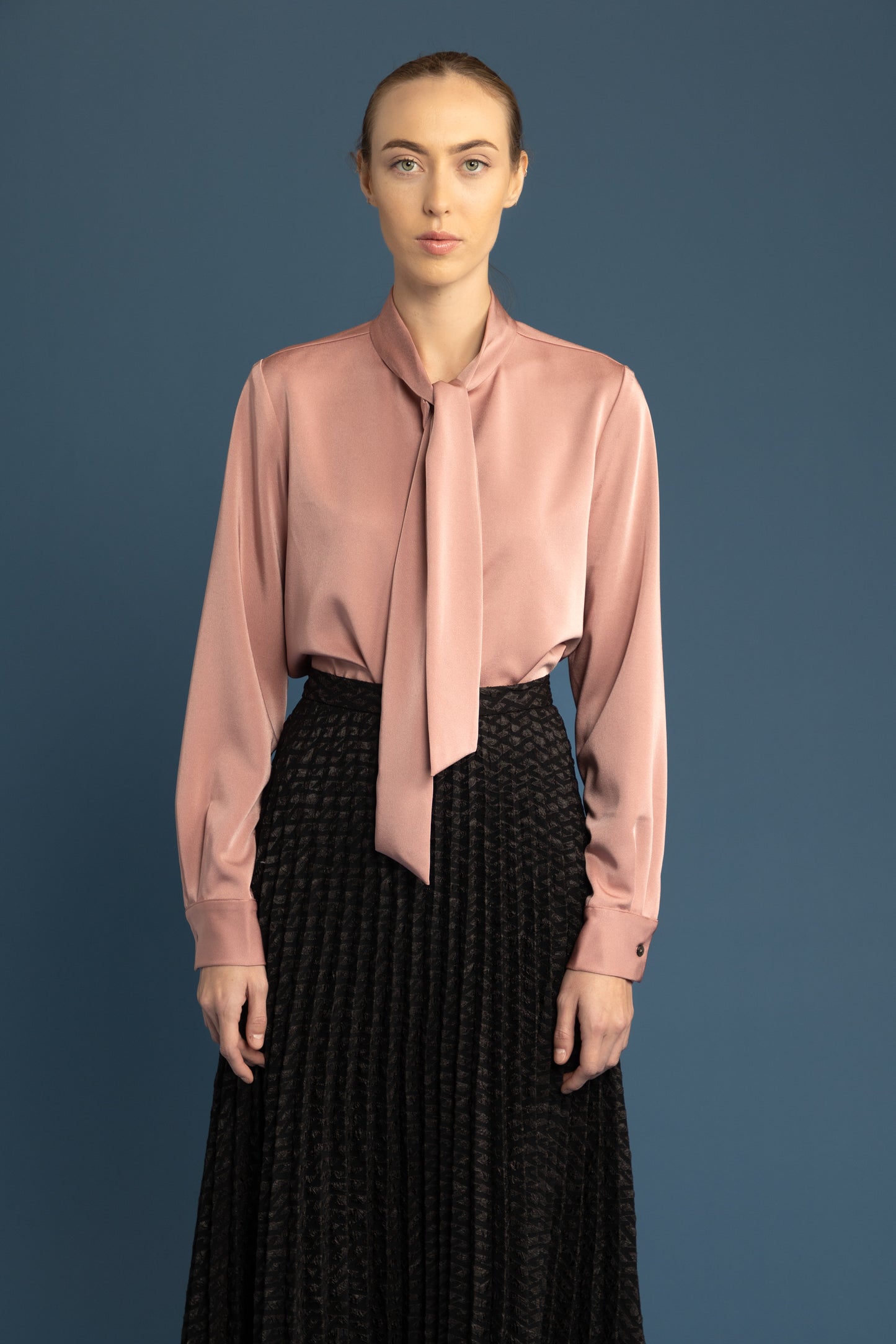 Silk Bow Tie Cuffed Long Sleeve Shirt