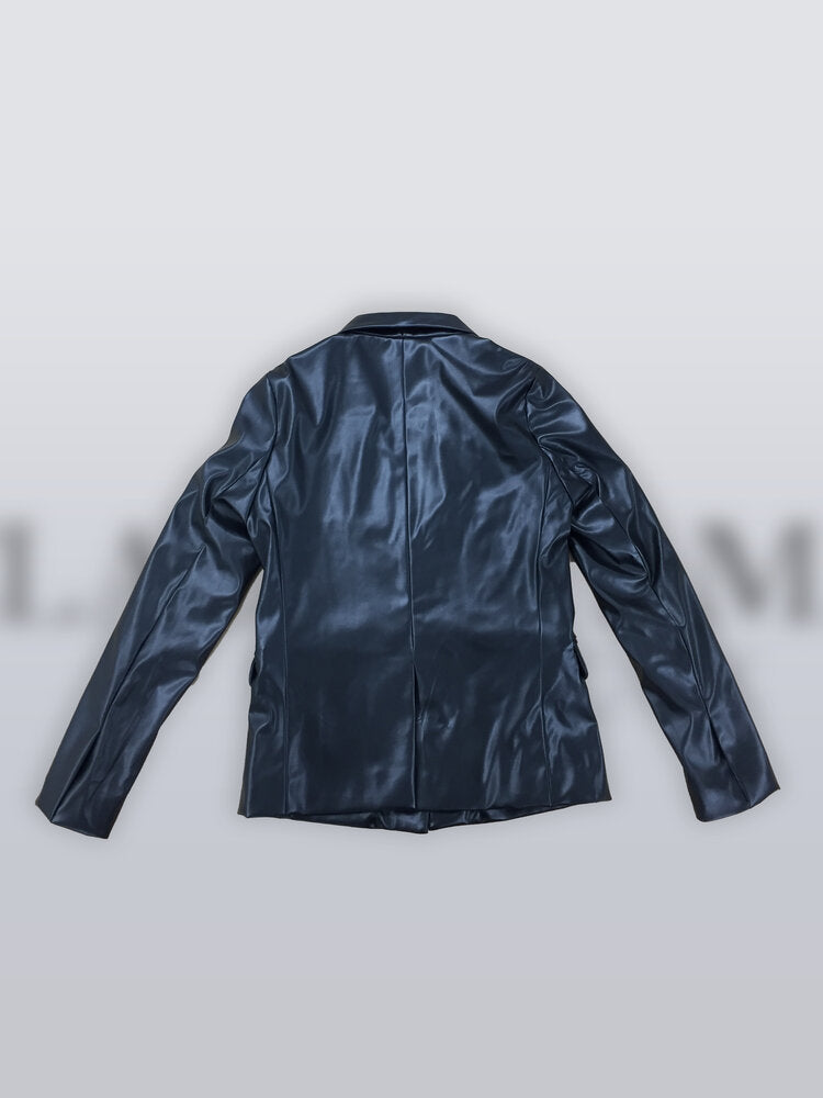 One Button Vegan Leather Blazer