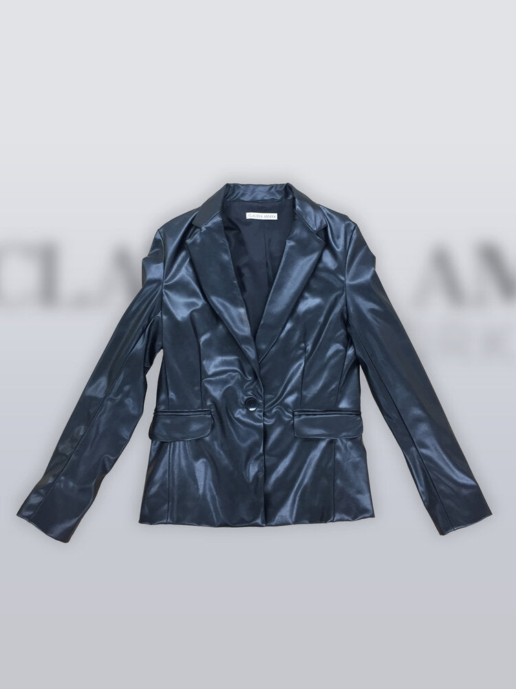 One Button Vegan Leather Blazer