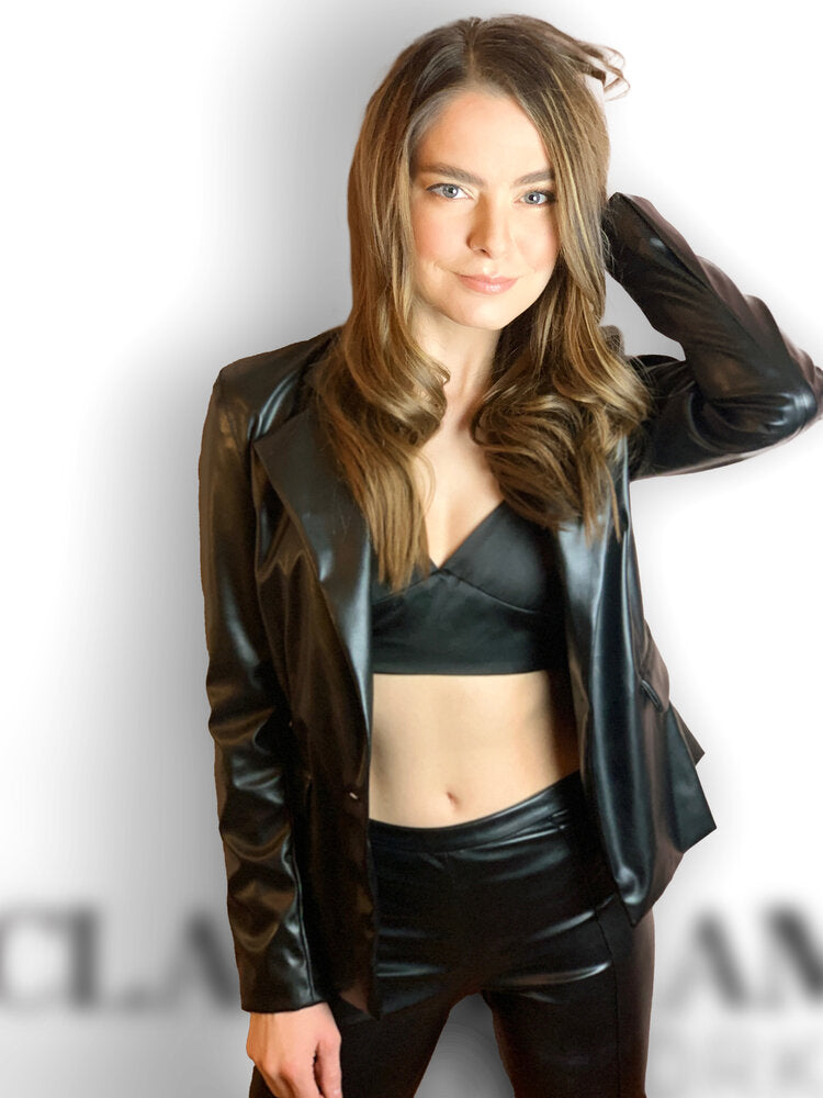 One Button Vegan Leather Blazer