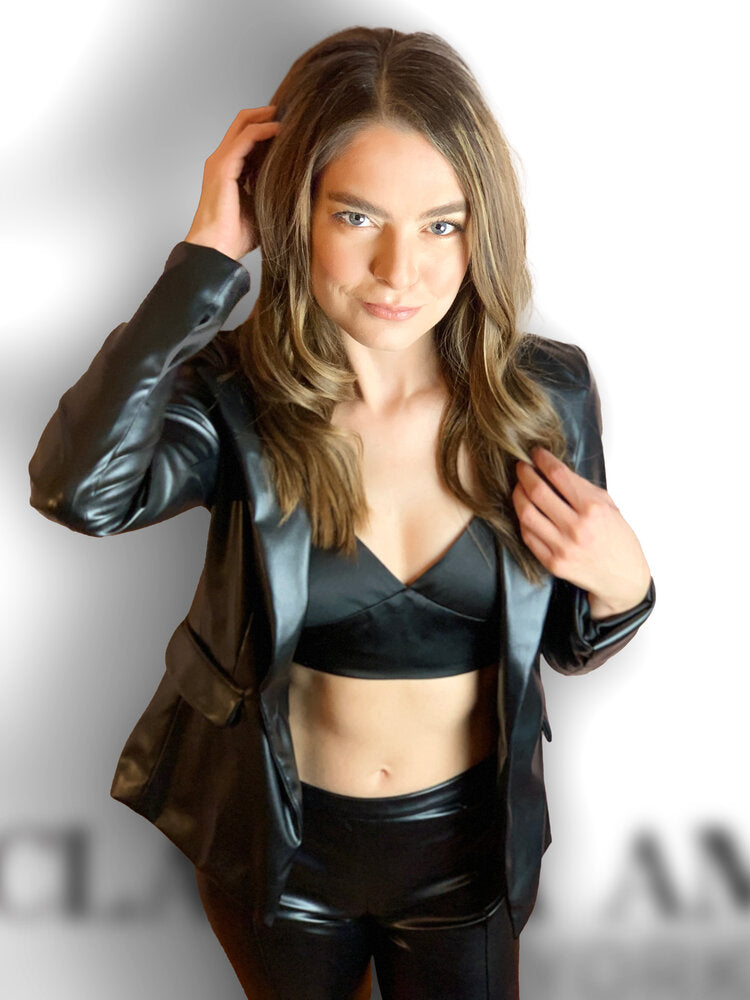 One Button Vegan Leather Blazer