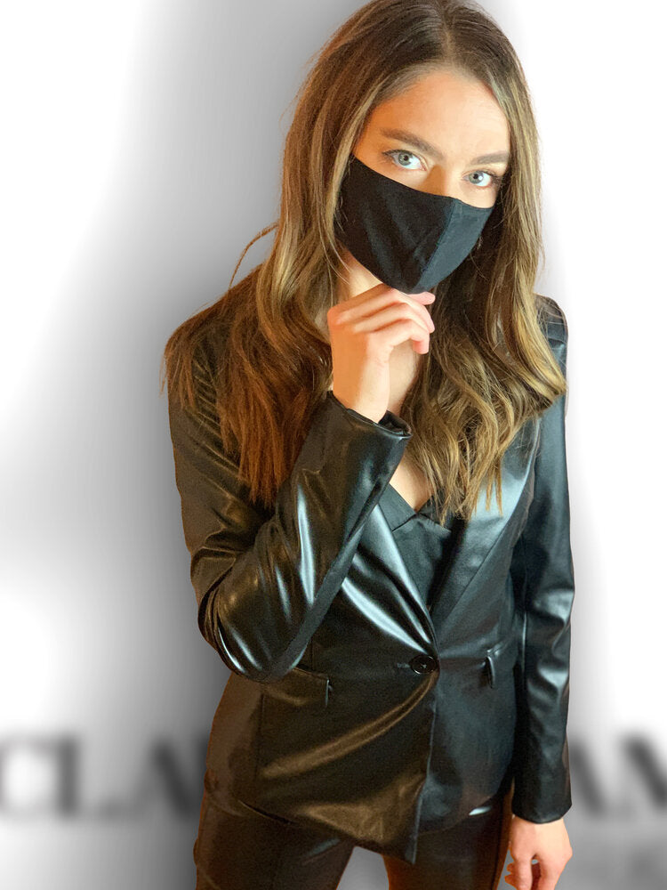 One Button Vegan Leather Blazer