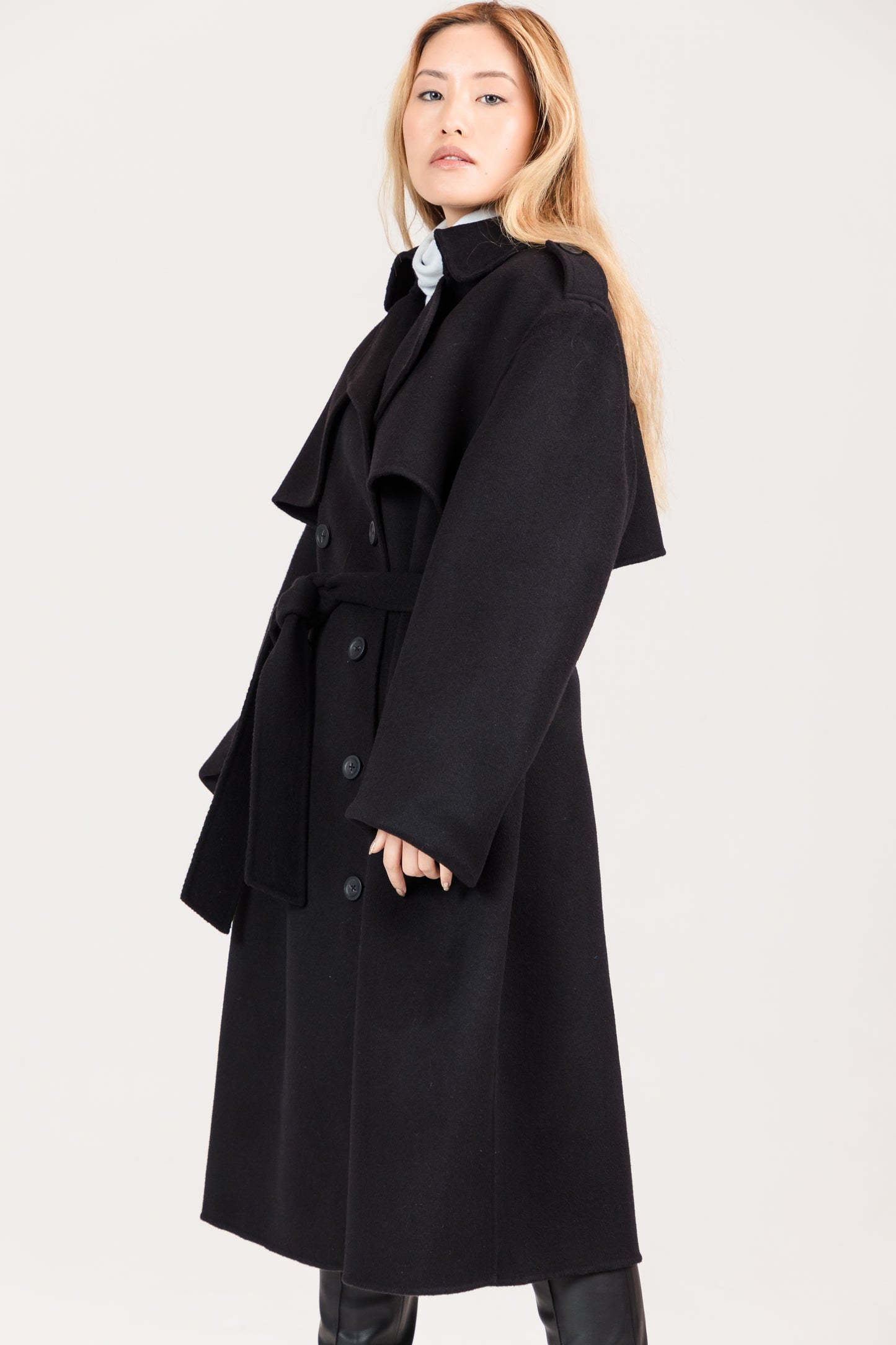 Oversized Black Wool Trench Coat