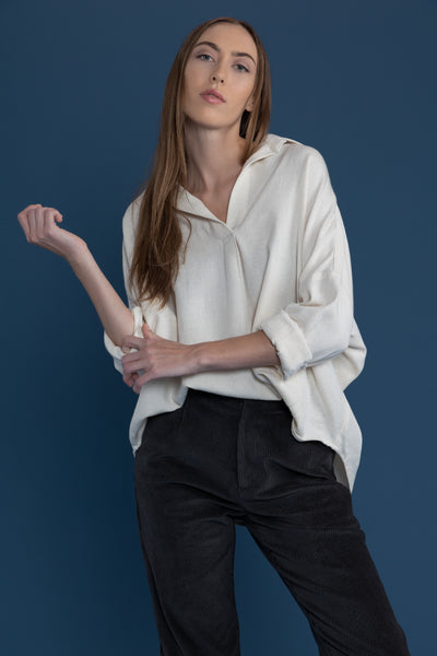 Oversized Cotton Collar V Neck Placket Shirt