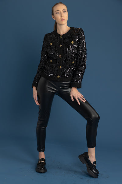 Blue Sequined Collarless Zip Blazer