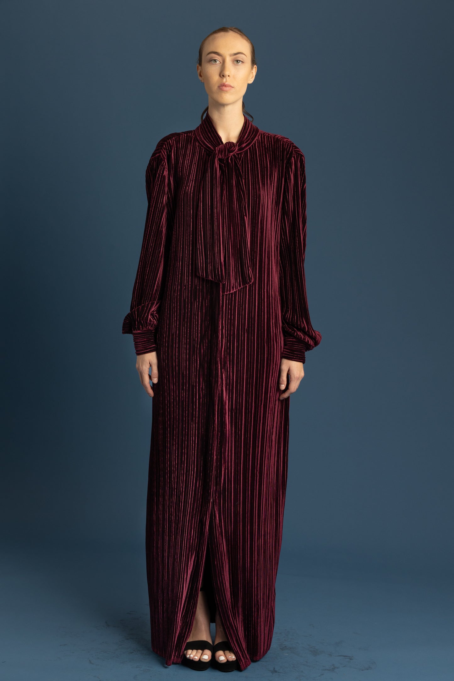 Bow Tie Cuffed Long Sleeve Pleated Stretch Velvet Maxi Dress