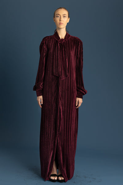 Bow Tie Cuffed Long Sleeve Pleated Stretch Velvet Maxi Dress