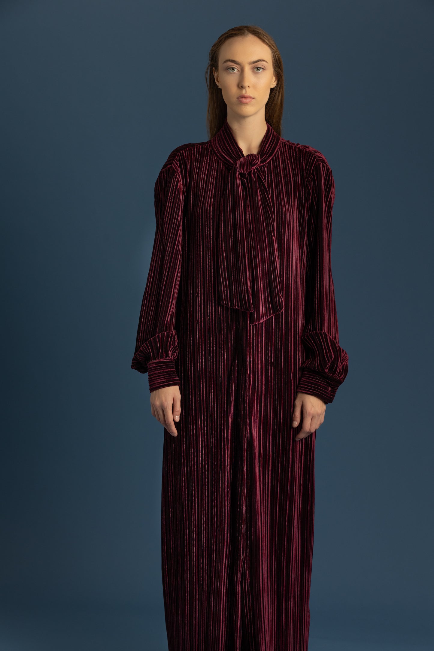 Bow Tie Cuffed Long Sleeve Pleated Stretch Velvet Maxi Dress