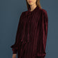 Bow Tie Cuffed Long Sleeve Pleated Stretch Velvet Maxi Dress