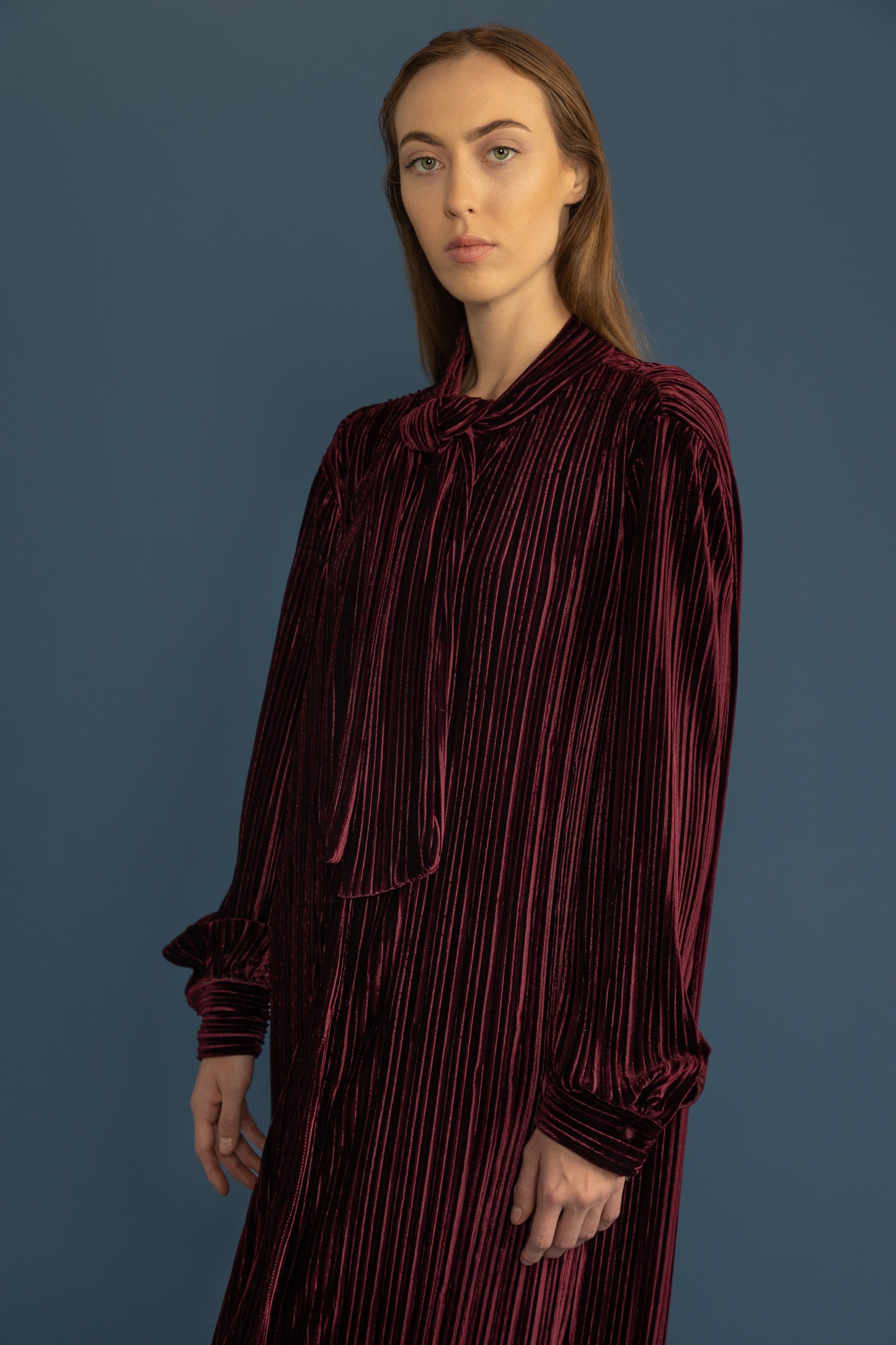 Bow Tie Cuffed Long Sleeve Pleated Stretch Velvet Maxi Dress