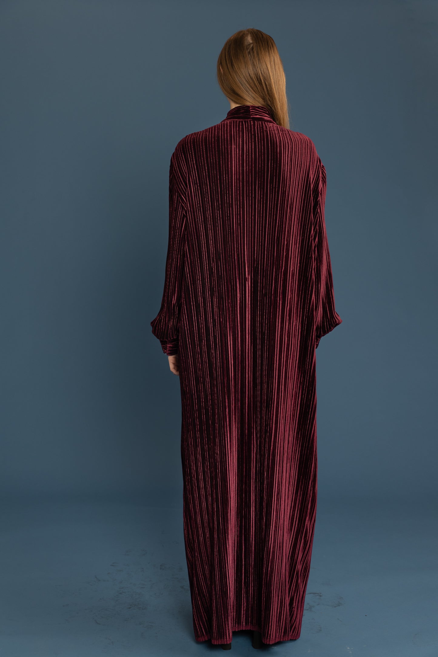 Bow Tie Cuffed Long Sleeve Pleated Stretch Velvet Maxi Dress