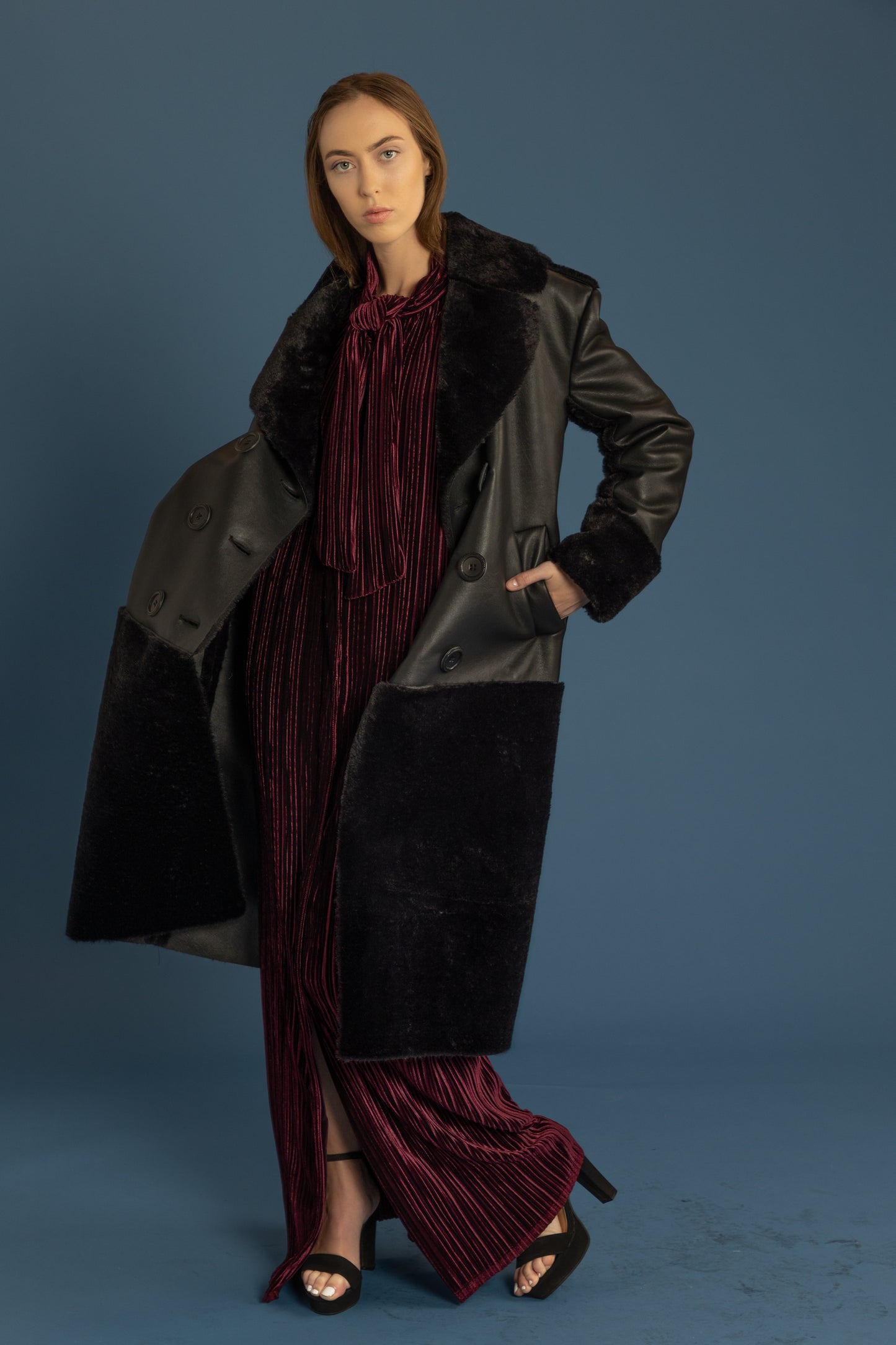 Bow Tie Cuffed Long Sleeve Pleated Stretch Velvet Maxi Dress