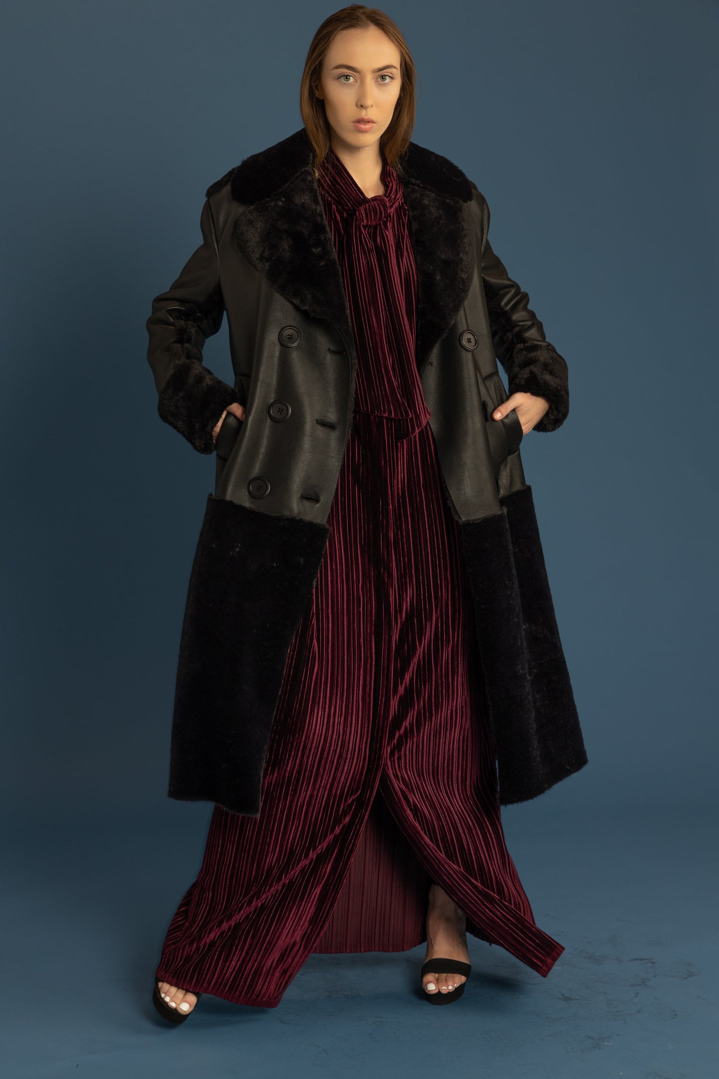 Bow Tie Cuffed Long Sleeve Pleated Stretch Velvet Maxi Dress