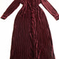 Bow Tie Cuffed Long Sleeve Pleated Stretch Velvet Maxi Dress